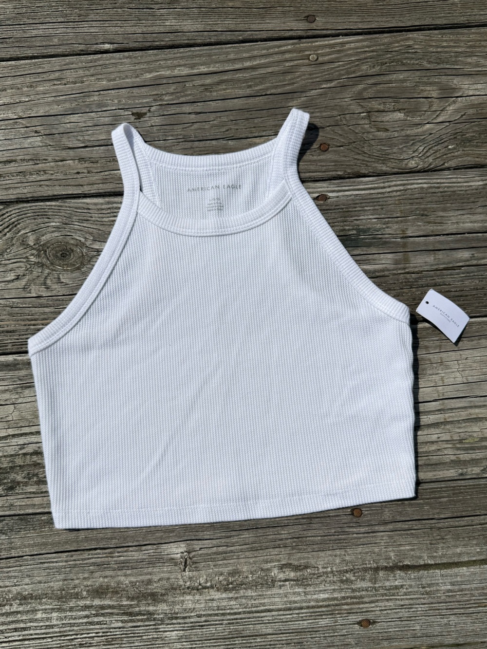 American Eagle White Waffle Knit Cropped Racerback Tank